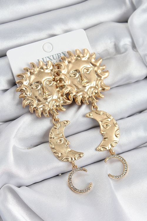 YRTCL Pirinç Zirkon Taşlı Sallantılı Güneş Model Gold Renk Kadın Küpe