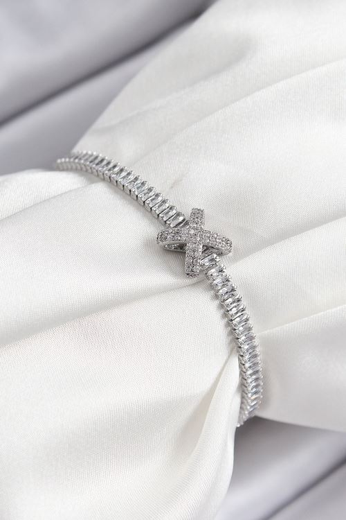 YRTCL Pirinç Zirkon Taşlı X Detaylı Su Yolu Model Gümüş Renk Asansörlü Kadın Bileklik