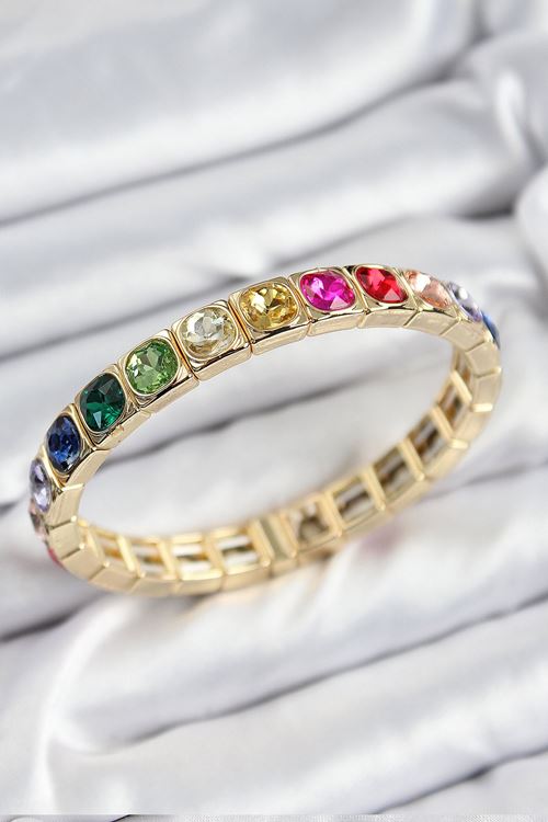 YRTCL Pirinç Karışık Zirkon Taşlı Kare Model Gold Renk Lastikli Kadın Bileklik