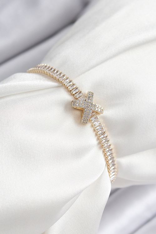 YRTCL Pirinç Zirkon Taşlı X Detaylı Su Yolu Model Gold Renk Asansörlü Kadın Bileklik