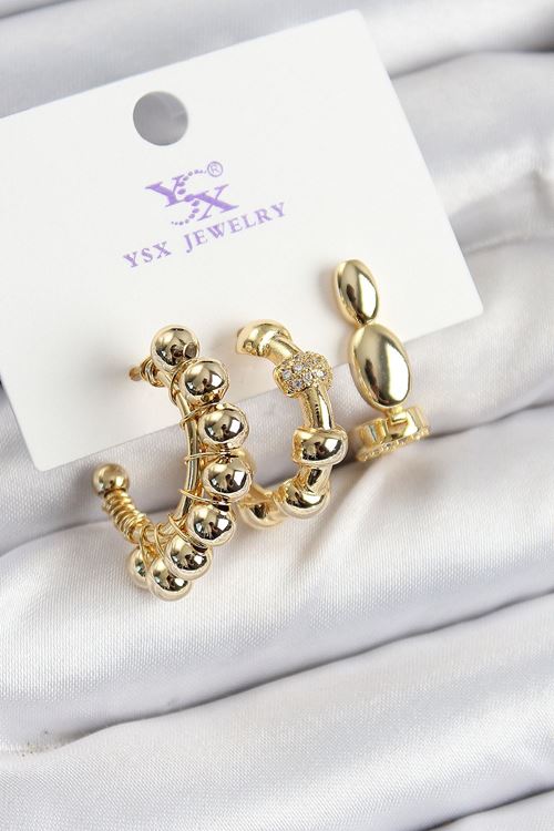YRTCL Pirinç Zİrkon Taşlı Halka Model Gold Renk 3'lü Kadın Küpe