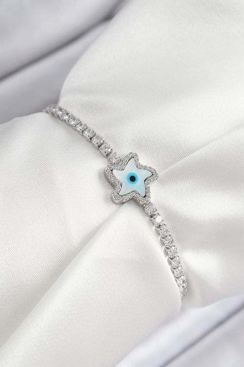 YRTCL Pirinç Zirkon Taşlı Nazar Yıldız Model Gümüş Renk Asansörlü Kadın Bileklik