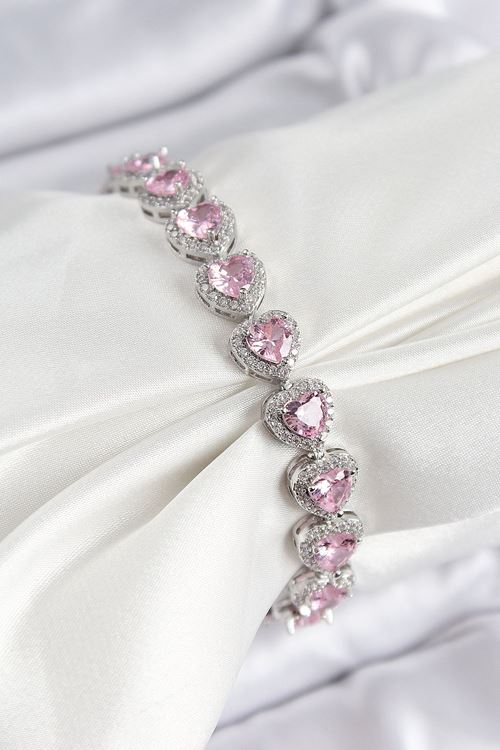 YRTCL Pirinç Zirkon Taşlı Pembe Kalp Baget Model Gümüş Renk VIP Seri Kadın Bileklik