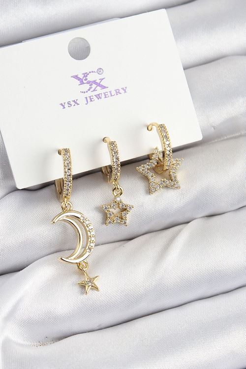 YRTCL Pirinç Zİrkon Taşlı Ay Ve Hilal Model Gold Renk 3'lü Kadın Küpe