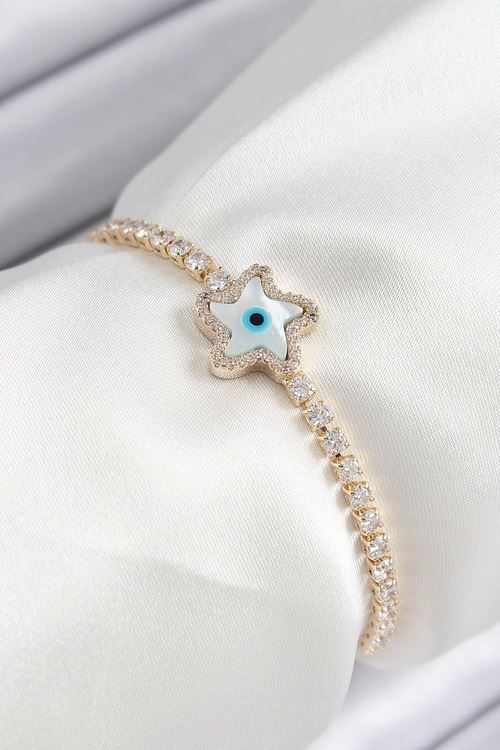 YRTCL Pirinç Zirkon Taşlı Nazar Yıldız Model Gold Renk Asansörlü Kadın Bileklik