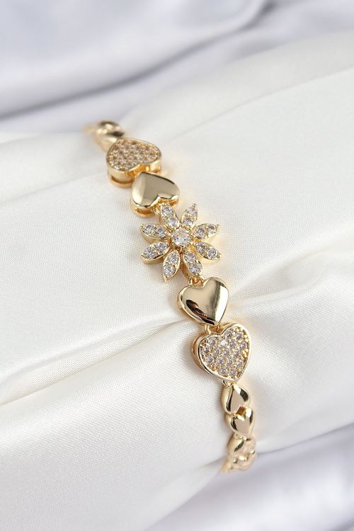 YRTCL Pirinç Zirkon Taşlı Kalp Detaylı Çiçek Model Gold Renk Kadın Bileklik