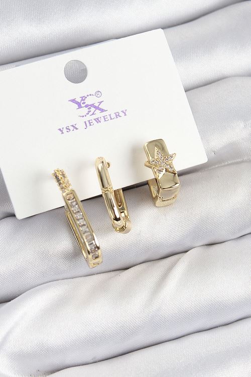 YRTCL Pirinç Zİrkon Taşlı Yıldız Model Gold Renk 3'lü Kadın Küpe