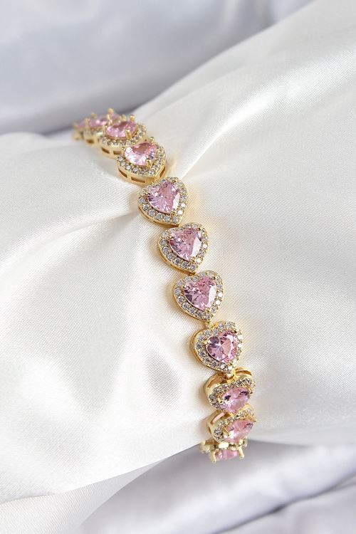 YRTCL Pirinç Zirkon Taşlı Pembe Kalp Baget Model Gold Renk VIP Seri Kadın Bileklik