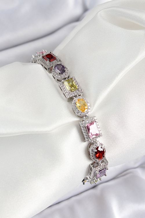 YRTCL Pirinç Karışık Zirkon Taşlı Baget Model Gümüş Renk VIP Seri Kadın Bileklik