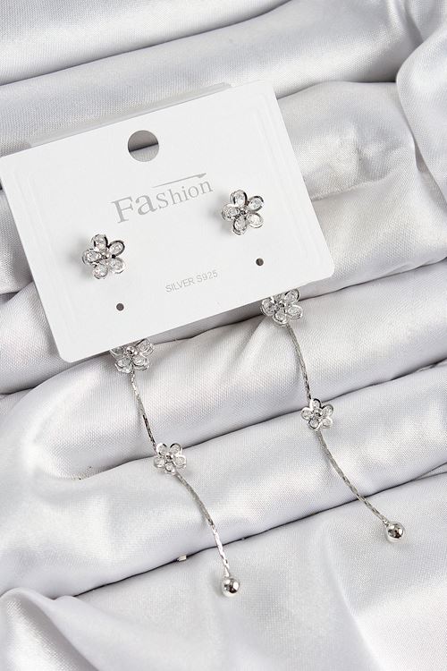 YRTCL Pirinç Zirkon Taşlı Sallantılı Çiçek Model Gümüş Renk 925 Ayar Gümüş Çivi Kadın Küpe