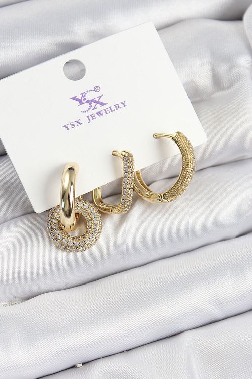 YRTCL Pirinç Zİrkon Taşlı Halka Model Gold Renk 3'lü Kadın Küpe