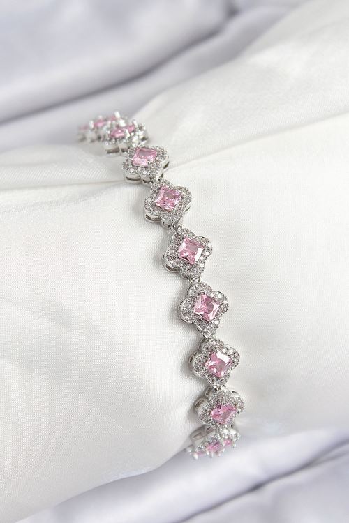 YRTCL Pirinç Zirkon Taşlı Pembe Yonca Baget Model Gümüş Renk VIP Seri Kadın Bileklik