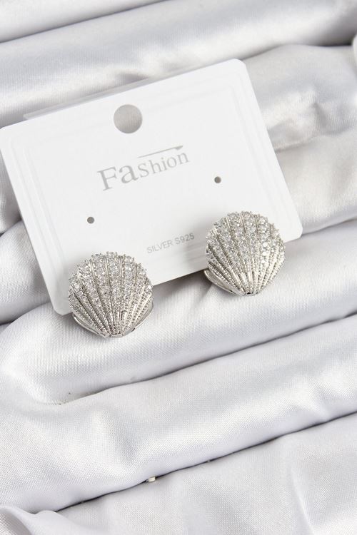 YRTCL Pirinç Zirkon Taşlı İstiridye Model Gümüş Renk 925 Ayar Gümüş Çivi Kadın Küpe