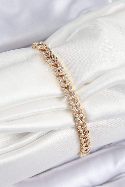 YRTCL Pirinç Zirkon Taşlı Sıralı Yaprak Model Gold Renk Kadın Bileklik