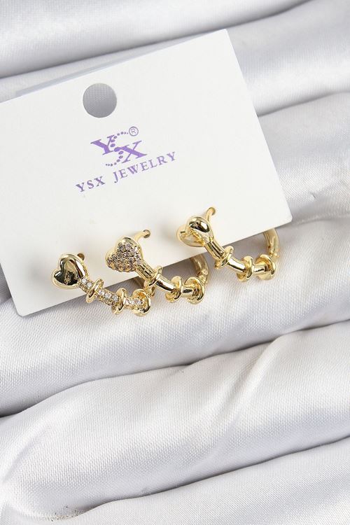 YRTCL Pirinç Zİrkon Taşlı Kalp Model Gold Renk 3'lü Kadın Küpe