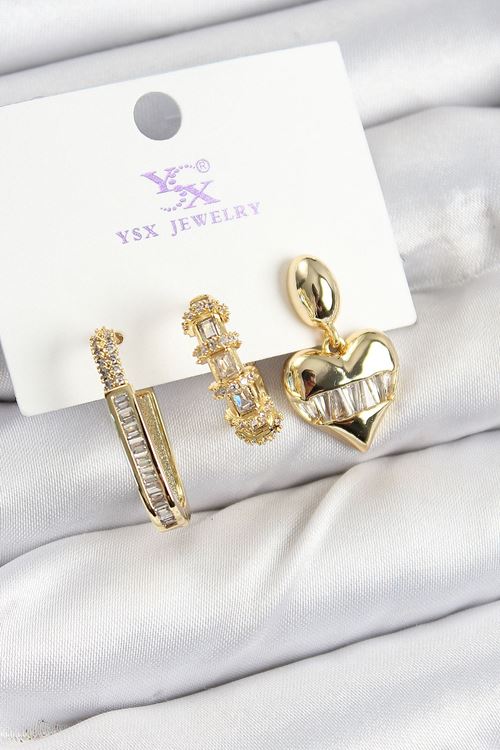 YRTCL Pirinç Zİrkon Taşlı Kalp Model Gold Renk 3'lü Kadın Küpe