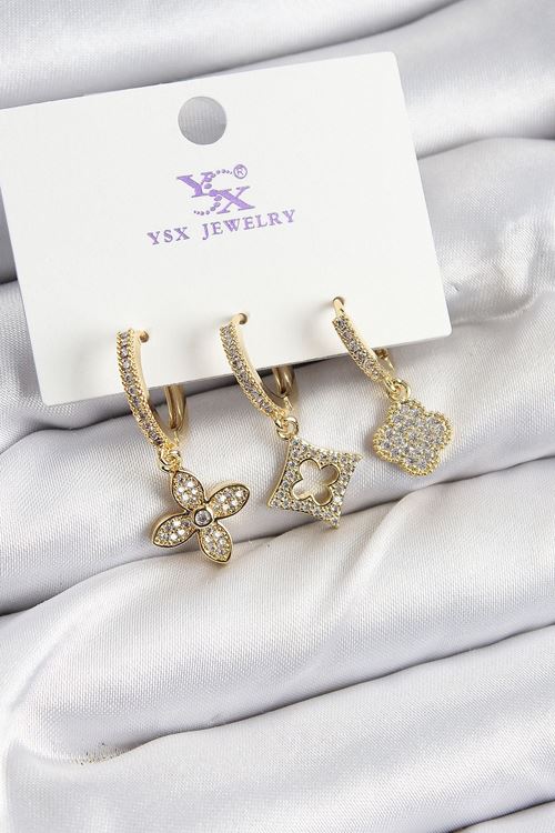 YRTCL Pirinç Zİrkon Taşlı Yonca Model Gold Renk 3'lü Kadın Küpe