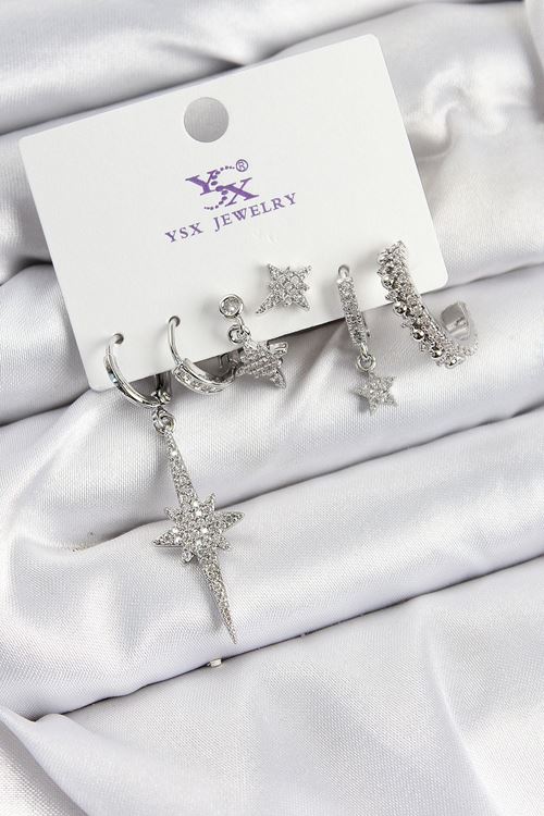 YRTCL Pirinç Zİrkon Taşlı Kutup Yıldızı Model Gümüş Renk 3'lü Çift Kadın Küpe