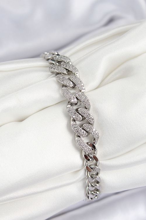 YRTCL Pirinç Zirkon Taşlı Küba Zincir Model Gümüş Renk Kadın Bileklik