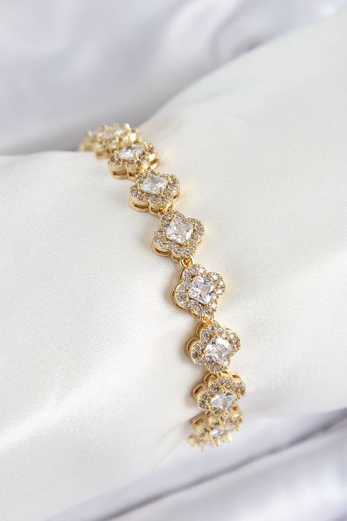 YRTCL Pirinç Zirkon Taşlı Yonca Baget Model Gold Renk VIP Seri Kadın Bileklik