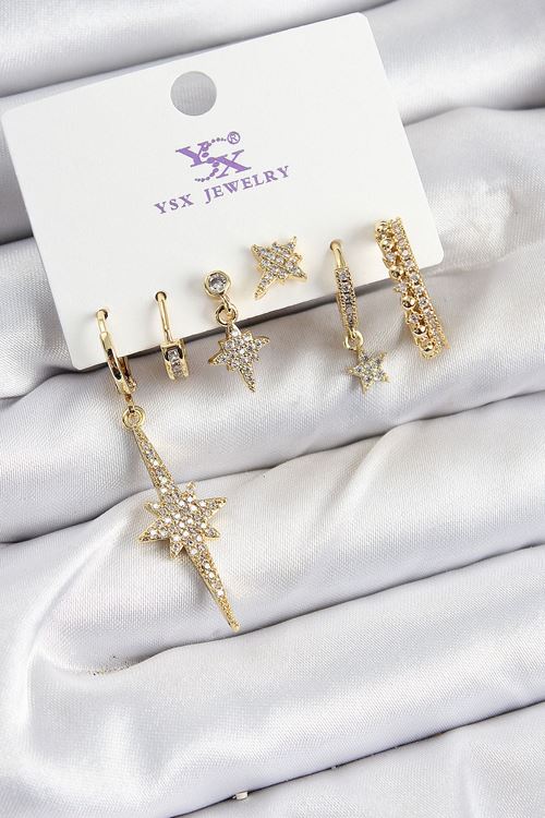 YRTCL Pirinç Zİrkon Taşlı Kutup Yıldızı Model Gold Renk 3'lü Çift Kadın Küpe