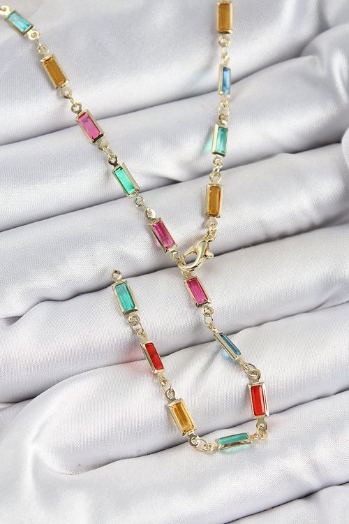 YRTCL Pirinç Renkli Zirkon Taşlı Dikdörtgen Model Gold Renk Kadın Y Kolye