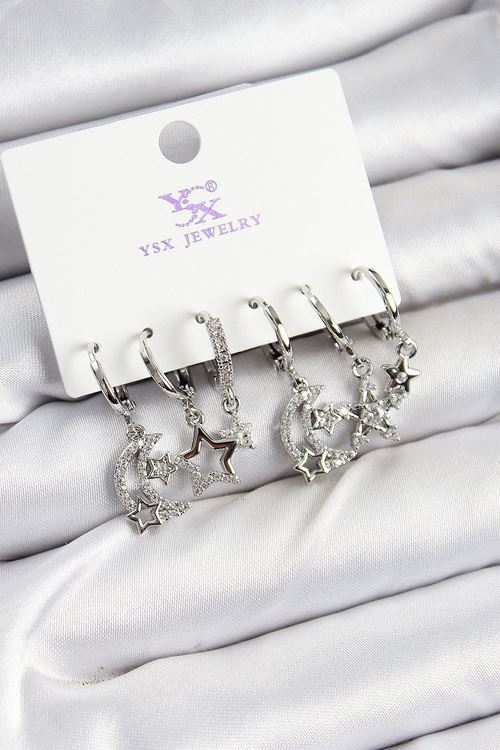 YRTCL Pirinç Zİrkon Taşlı Ay ve Yıldız Model Gümüş Renk 3'lü Çift Kadın Küpe