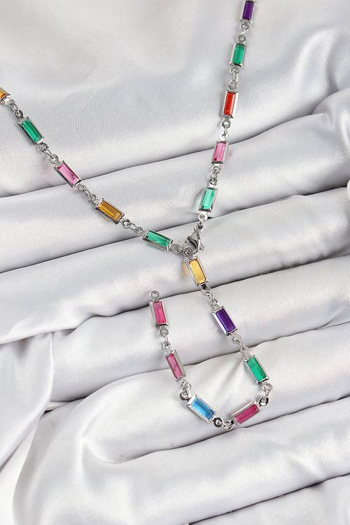 YRTCL Pirinç Renkli Zirkon Taşlı Dikdörtgen Model Gümüş Renk Kadın Y Kolye