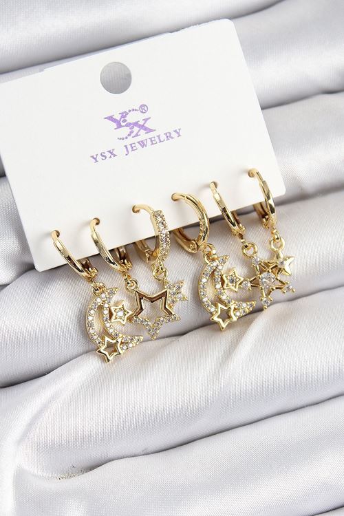 YRTCL Pirinç Zİrkon Taşlı Ay ve Yıldız Model Gold Renk 3'lü Çift Kadın Küpe