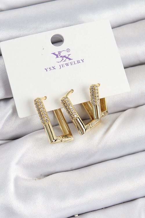 YRTCL Pirinç Zİrkon Taşlı Dikdörtgen Model Gold Renk 3'lü Kadın Küpe