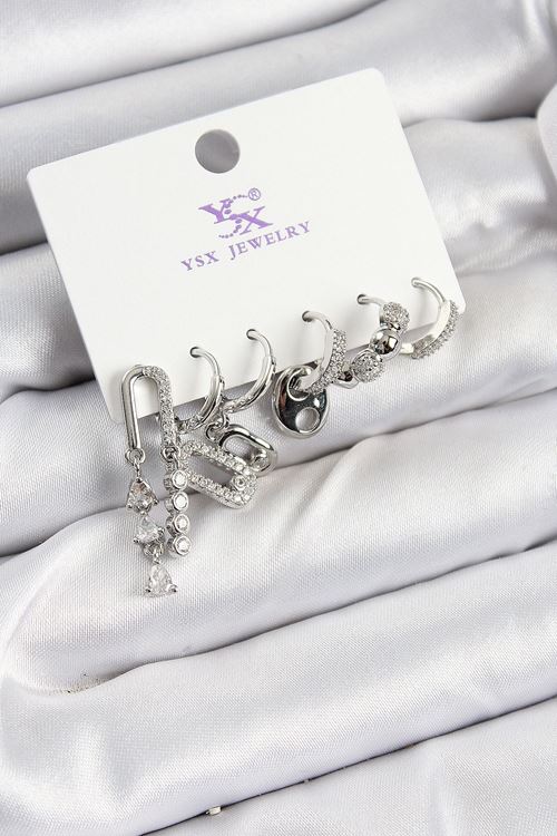 YRTCL Pirinç Zİrkon Taşlı Dikdörtgen Model Gümüş Renk 3'lü Çift Kadın Küpe