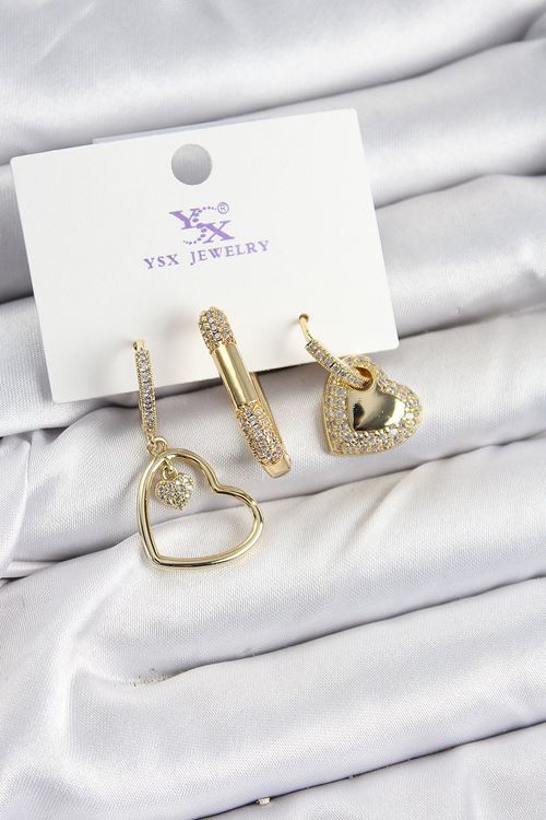 YRTCL Pirinç Zİrkon Taşlı Kalp Model Gold Renk 3'lü Kadın Küpe