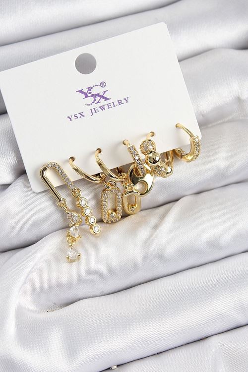 YRTCL Pirinç Zİrkon Taşlı Dikdörtgen Model Gümüş Renk 3'lü Çift Kadın Küpe