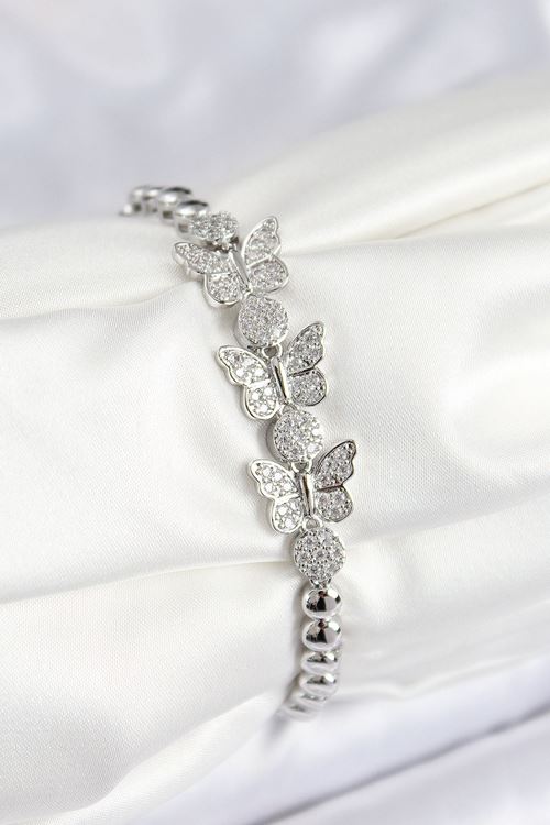 YRTCL Pirinç Zirkon Taşlı Kelebek Model Gümüş Renk Kadın Bileklik