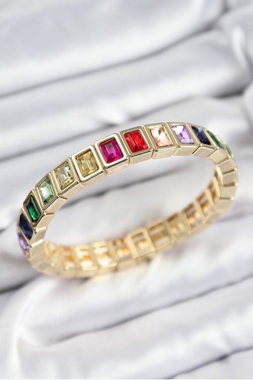 YRTCL Pirinç Karışık Zirkon Taşlı Dikdörtgen Model Gold Renk Lastikli Kadın Bileklik