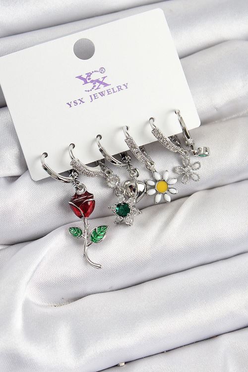 YRTCL Pirinç Zİrkon Taşlı Gül Ve Papatya Model Gümüş Renk 3'lü Çift Kadın Küpe