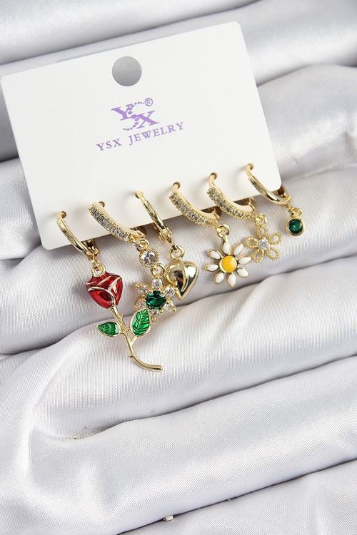 YRTCL Pirinç Zİrkon Taşlı Gül Ve Papatya Model Gold Renk 3'lü Çift Kadın Küpe