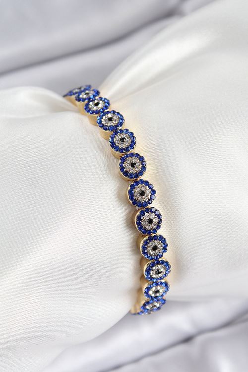 YRTCL Pirinç Zirkon Taşlı Lacivert Nazar Model Gold Renk Lastikli Kadın Bileklik