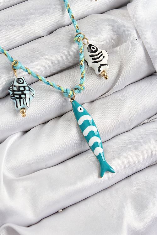 YRTCL Seramik Motifli Balık Figürlü Model Mavi İp Kadın Kolye