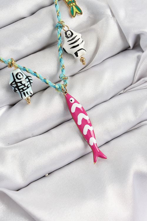YRTCL Seramik Motifli Pembe Balık Figürlü Model Mavi İp Kadın Kolye