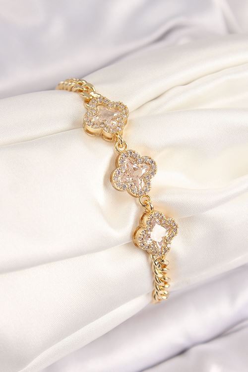 YRTCL Pirinç Zirkon Taşlı Yonca Model Gold Renk Kadın Bileklik