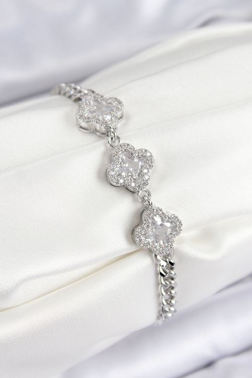 YRTCL Pirinç Zirkon Taşlı Yonca Model Gümüş Renk Kadın Bileklik