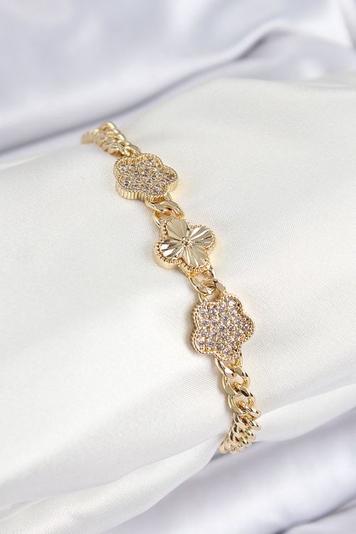 YRTCL Pirinç Zirkon Taşlı Yonca Model Gold Renk Kadın Bileklik