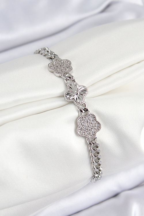 YRTCL Pirinç Zirkon Taşlı Yonca Model Gümüş Renk Kadın Bileklik