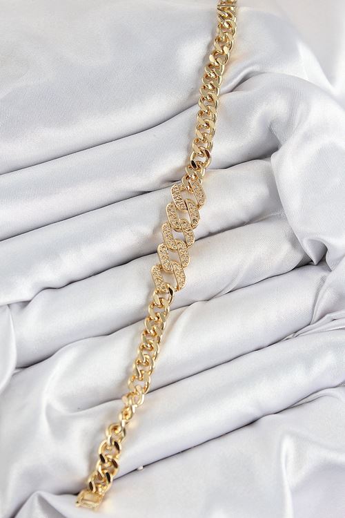 YRTCL Pirinç Zirkon Taşlı Ezme Küba Zincir Model Gold Renk Kadın Bileklik