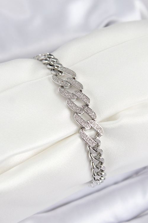 YRTCL Pirinç Zirkon Taşlı Ezme Küba Zincir Model Gümüş Renk Kadın Bileklik