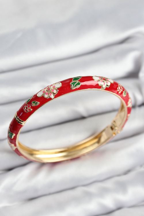 YRTCL Mineli Pirinç Kırmızı Çiçek Motifli Gold Kadın Kelepçe