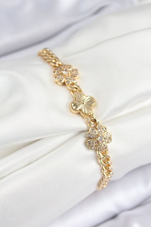 YRTCL Pirinç Zirkon Taşlı Yonca Model Gold Renk Kadın Bileklik