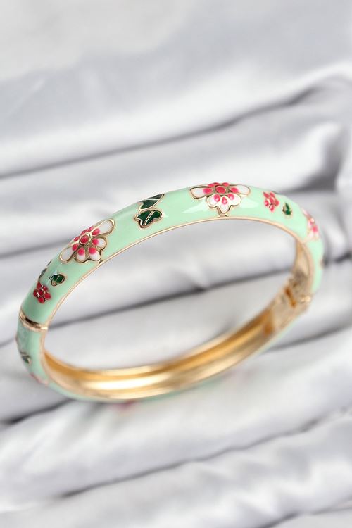 YRTCL Mineli Pirinç Su Yeşili Çiçek Motifli Gold Kadın Kelepçe