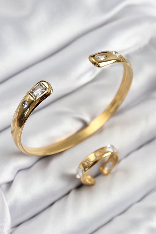 YRTCL Pirinç Zirkon Taşlı Ayrık Model Gold Renk Bileklik Yüzük Set